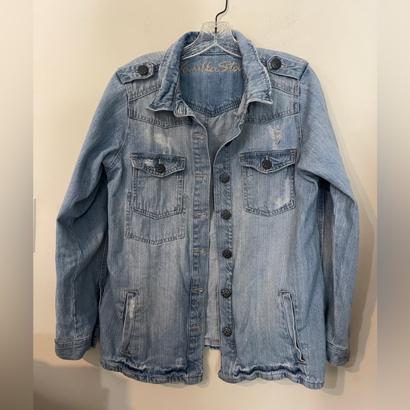 VTG Vanilla Star Distressed Denim Jacket Epaulettes Western - Picture 1 of 10